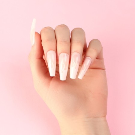 Flame overhead nails, 24 pcs, adhesive plates, ballerina shape, glossy pink/white color-7