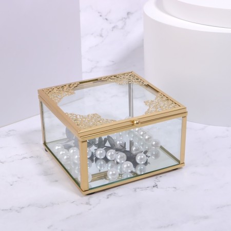 Great organizer for storage, with a lid, glass, with a mirror -bottom, 1 section, 10 × 10 × 6 cm, the color is transparent/copper-2