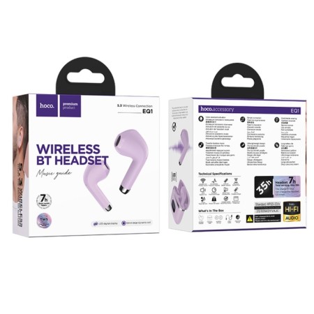 Hoco EQ1, TWS headphones, wireless, inserts, display, BT 5.3, 40/400 mAh, purple-4