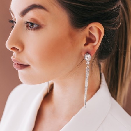 Hanging earrings with rhinestones "Date" blade, white color in silver, 10 cm-3