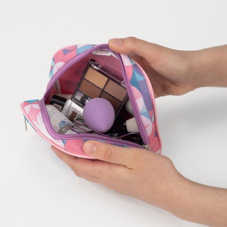 Cosmetic bag on a zipper, with a lining, external pocket, pink color-3