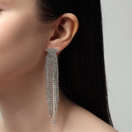 Hanging earrings with rhinestones "Waterfall" bow, white color in silver, 10 cm-2
