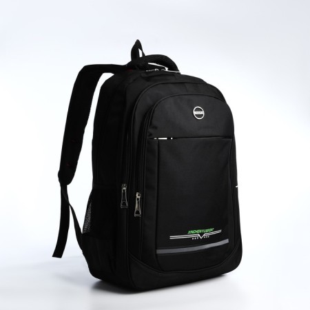 Youth backpack from textiles, 2 parts with a zipper, 4 pockets, black/green color-2