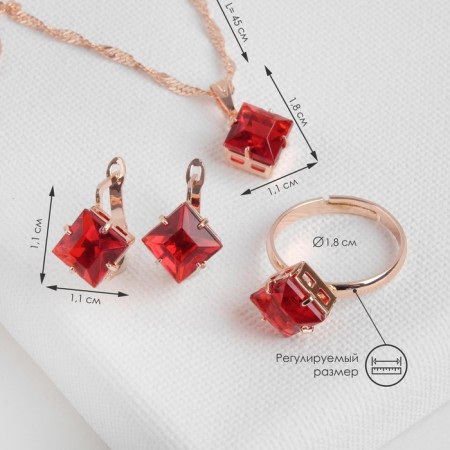 Set 3 objects: earrings, pendant, dimensionless “Edel” rhombus, burgundy color in gold, 45 cm-1