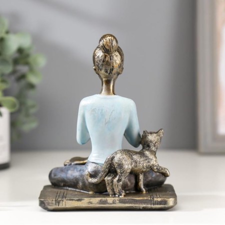 Polystone souvenir "Girl in the Lotus pose, with the cat" Blue 14x11x7.8 cm-3
