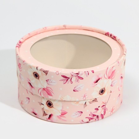 Makarun box, confectionery packaging tube with a window, “pink flowers” ​​12 x 12 x 5 cm