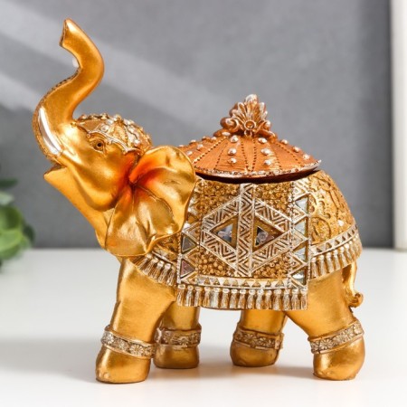 Polystone box "Golden Elephant in the Mirror Popone" 15x13.7x6.5 cm