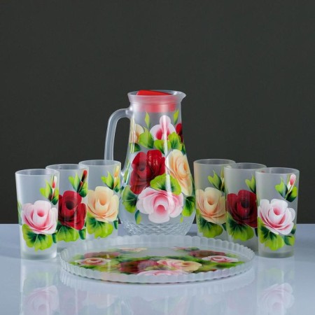 Set for juice with a tray "Zhostovo" Art painting, 6 glasses 1250/200 ml, white ma