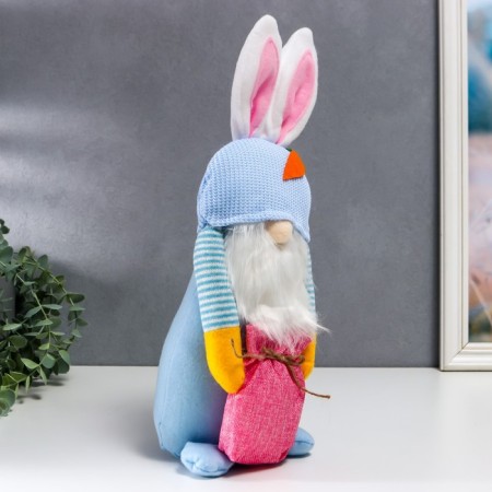Interior doll "Dwarf in a hat with bunny ears, with a bag" Blue 40x14 cm-1