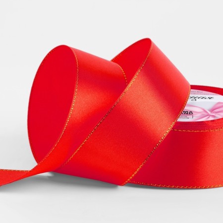 A satin ribbon “Golden threads”, 40 mm × 23 ± 1 m, red color No. 26