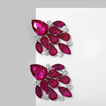 Earrings with rhinestones "flash" drops, raspberry-white color in silver-1