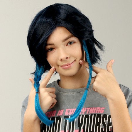 Carnival wig "anime" blue color with braids-3