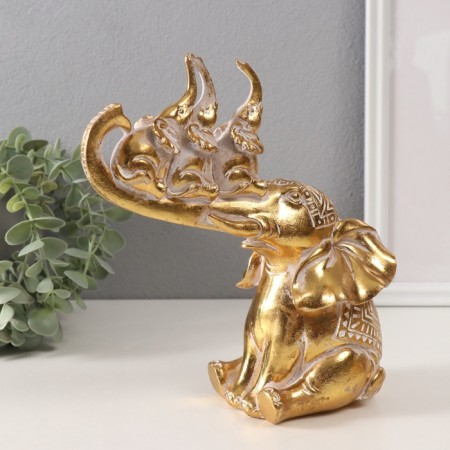 Souvenir Polystone "Elephant and 3 Elephants on the trunk. Indian patterns" Gold 19.8x10.3x21.5 cm-3
