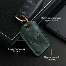 Key leather keychain, label, rectangular, genuine leather, green, deer