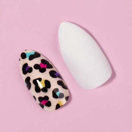 Leo patch nails, 12 pcs, with glue plates, the shape of the almonds, white, beige-2