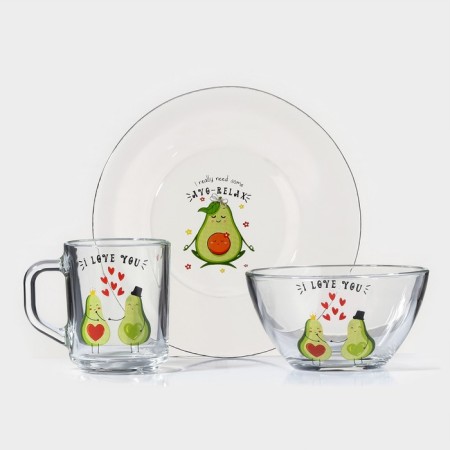 Avocado breakfast set, 3 items: mug 200 ml, salad bowl 450 ml, plate, MIX drawing