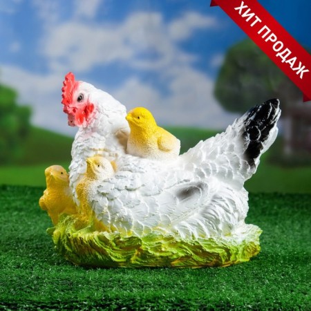 Garden figure "Chicken hen with chickens" white, 28x21cm