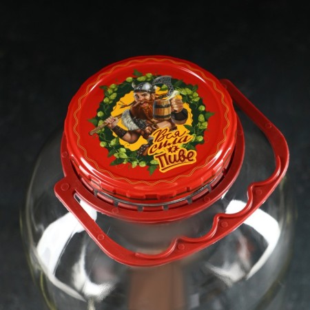 Glass jug “all the power in beer”, 3 l, with a pressure crane, with a handle holder, in a box-3
