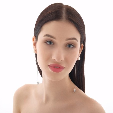 Earrings with pearls "chains" flower and bead, white color in silver, ball No. 10-3