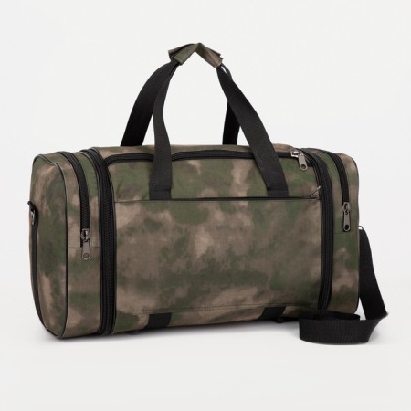 Road bag on a zipper with an increase, 3 outer pockets, a long belt, khaki/camouflage color