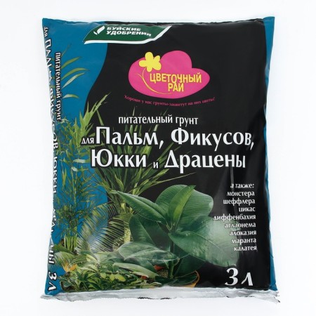Soil for palm trees, ficuses, yukki and dracena "Flower paradise", 3 liters