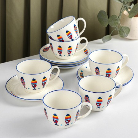 Service Porcelain Tea Daulay "Emelya", 12 objects: 6 cups 280 ml, 6 saucer d = 15 cm, white color-8
