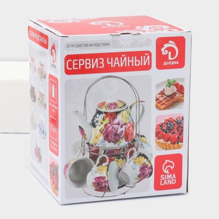 Service Ceramic Tea Dolyana "Russian Disor", 13 items on a stand: 6 cups 210 ml, 6 saucers, kettle-13