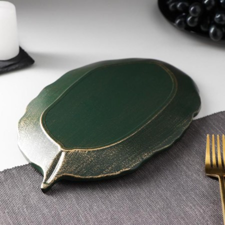 Fruit dish "leaf", 30 × 18 × 2 cm, gold color with green-2