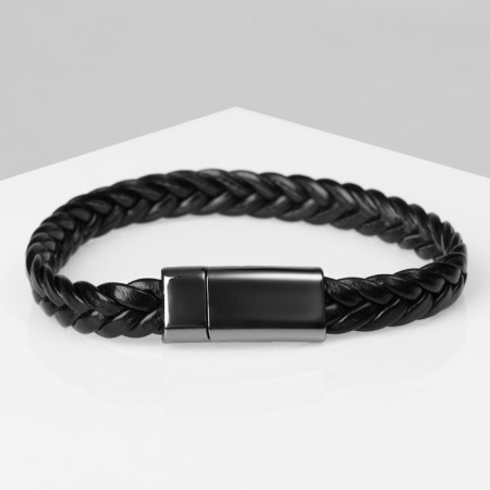 Unisex Bracelet "Kosichka" is smooth, black color with gray metal, 22 cm-1