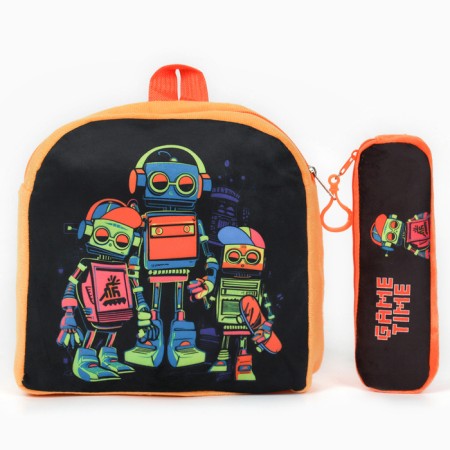 Baby plush backpack with the Penal "Robots", 24*24 cm, color orange color-1