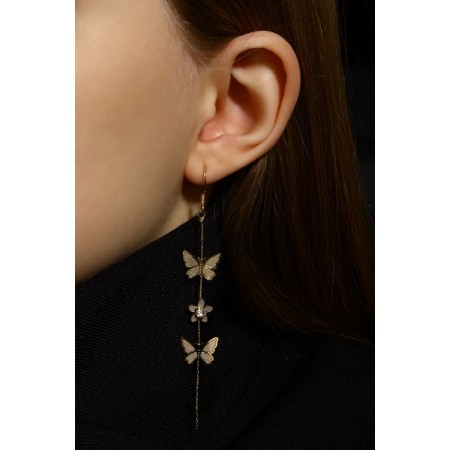 Hanging earrings "Butterflies and flowers", white color in gold, 10 cm-5