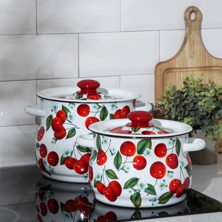 Set of pots "Juicy Cherry", 2 items: 4/5.5 l, enameled lids, induction, white color-3