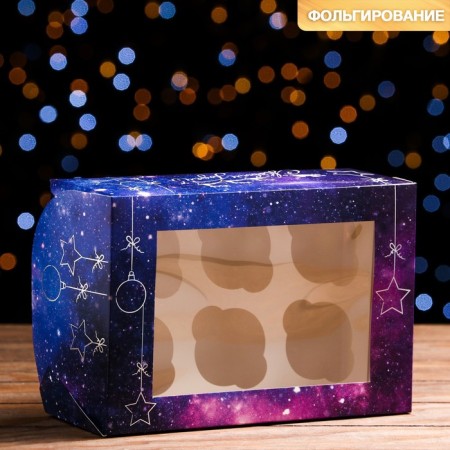 Packaging for 6 cupcakes with the New Year silver window, 25 x 17 x 10 cm