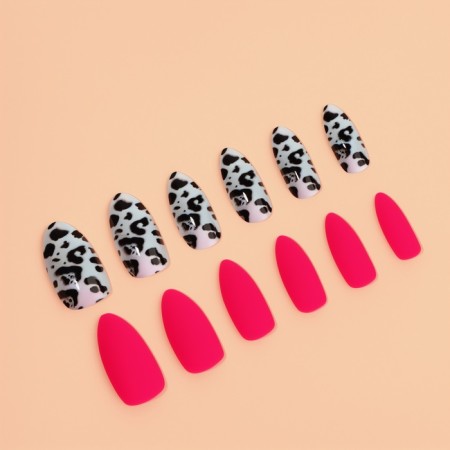 Leo patching nails, 12 pcs, with glue plates, almond shape, black, pink-1