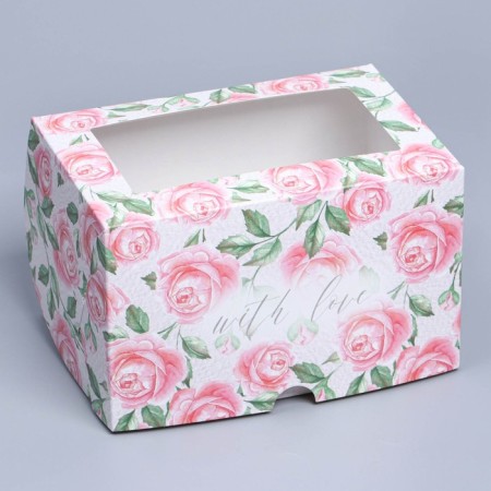 Capcake box, confectionery packaging with a window, 2 cells, "roses", 16 x 10 x 10 cm