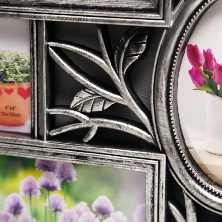 Photo frame plastic in 7 photos 10x10, 10x15 cm "Bird and rosehip" silver 33.5x52 cm-1