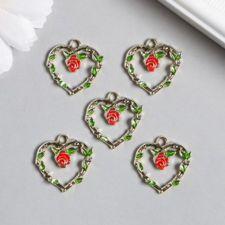 Decor for creativity metal, enamel "Heart with red rose" gold 2x2 cm-1