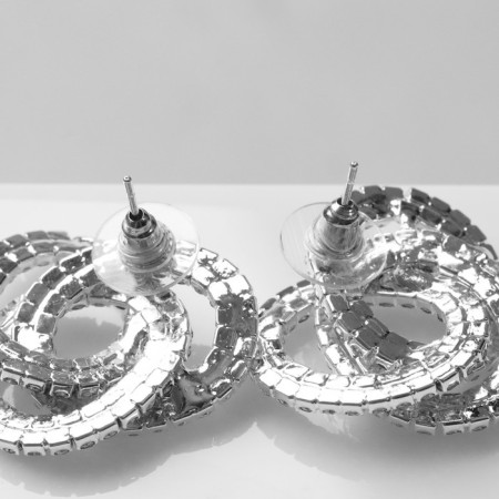 Earrings with rhinestones "Spiral" circle, white color in silver-2