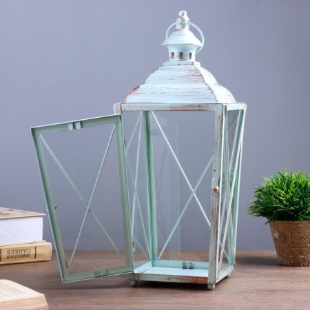 Climber metal, glass "flashlight" blue with a patina set 2 pcs 28x12x12; 38x16x15 cm-6