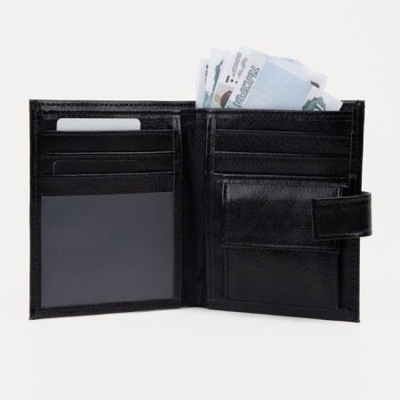 Male purse on a button, for bills, for cards, for coins, black color-3