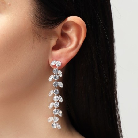 Hanging earrings with rhinestones "Blink" with leaves, white color in silver, 8 cm-2