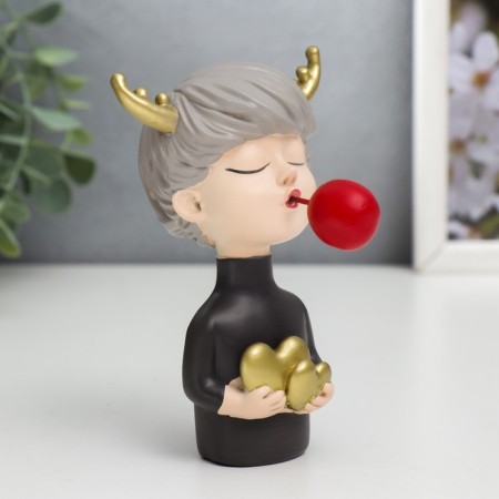 Souvenir Polystone "Girl with deer horns with red bubble, with hearts" 12x7x9 cm-1