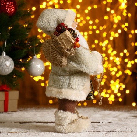 Santa Claus "in a white fur coat, with a flashlight and a bag" 30 cm-3