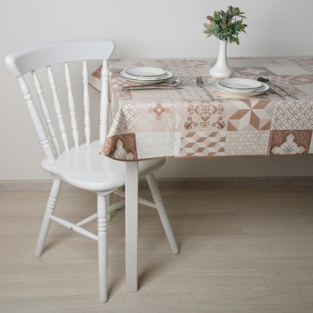 The tablecloth on a non -woven base is reusable with a “geometry” box, 135 × 110 cm, brown color