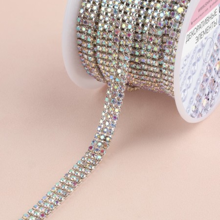 Chain with rhinestones, with holography, 3 rows, metal, glass, 6 mm, 4.5 ± 0.2 m, silver color-2