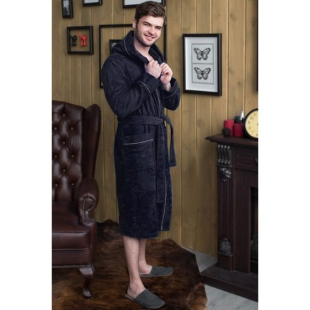 Male dressing gown with a hood, size 50, dark blue color, Makra-2