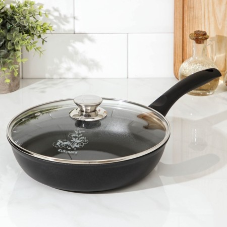 The “Tradition” pan, d = 24 cm, plastic handle, glass cover, anti -stick coating, black color