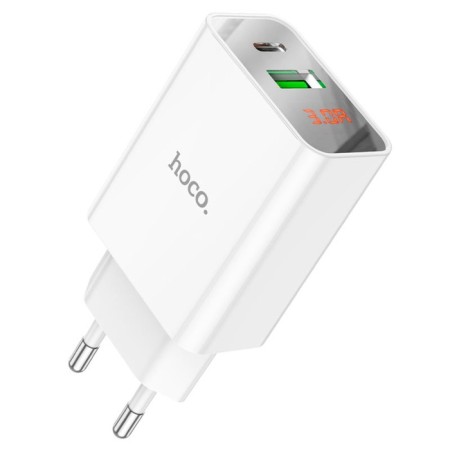 Network charger HOCO C100A, 1 USB, 1 Type-C, 18 W, 3 A, display, PD + Qc, white