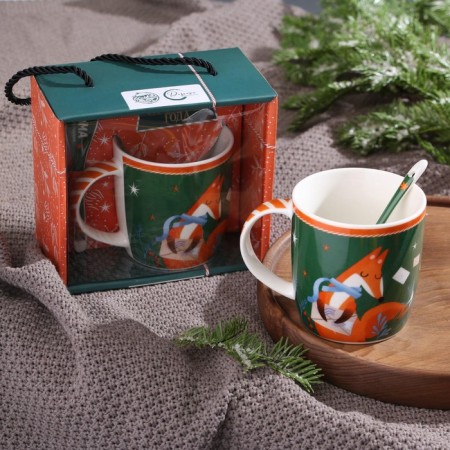 Ceramic set “everything will come true”: a circle of 350 ml, a spoon, green color-4