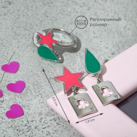 Set: earrings, anime ring star and drop, green-pink color in silver-6
